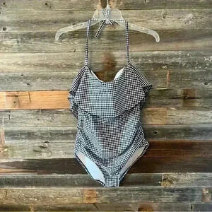 Kona Sol Women's Size Large High Coverage One Piece Navy Gingham Ruffle Beach